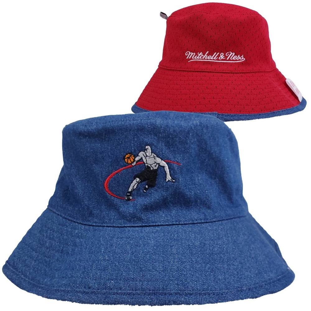 AND1 Mitchell & Ness NBA Reversible Bucket‎ Hat Embroidery Logo Denim Red New